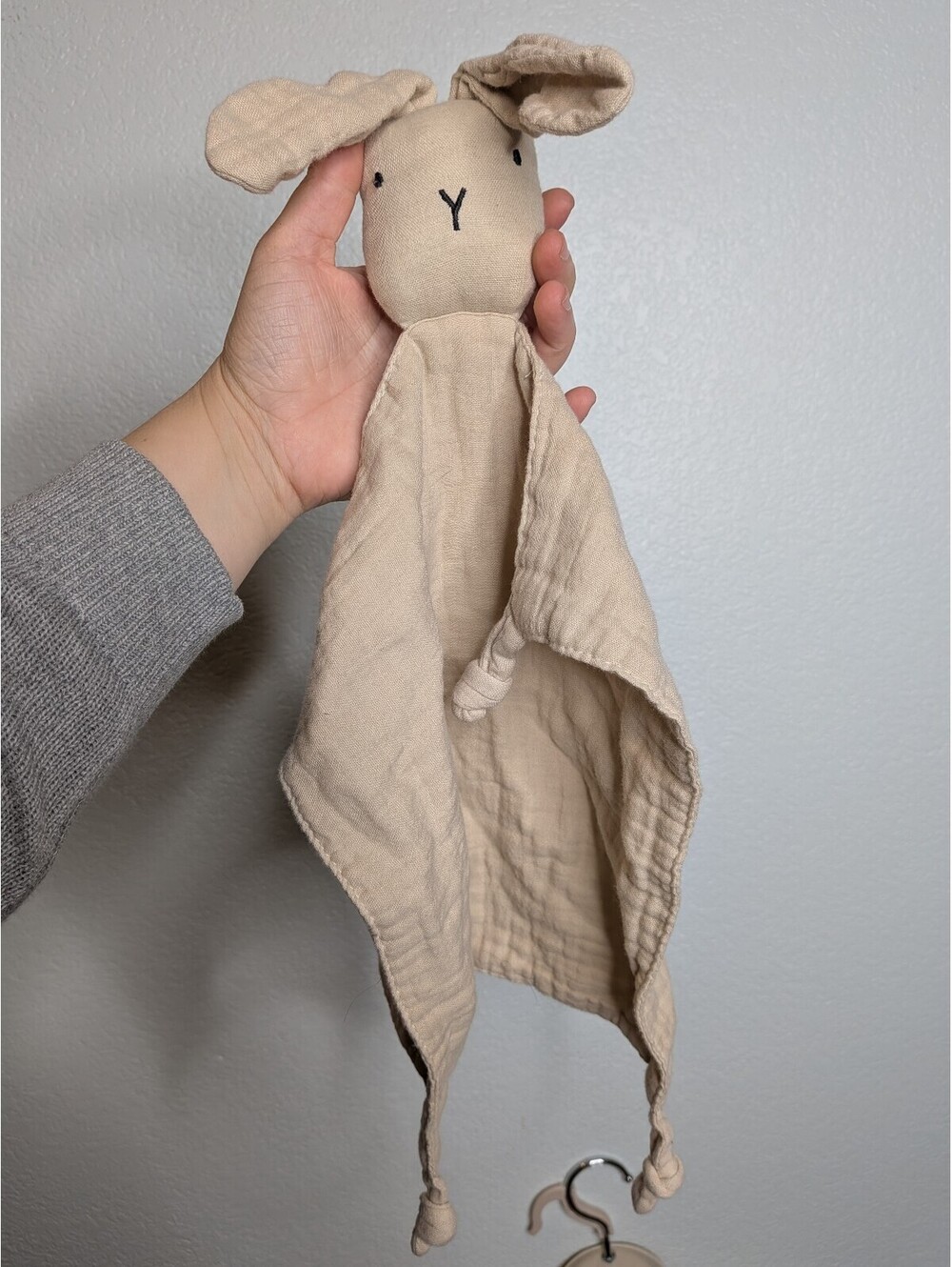 Beige Bunny Lovey Security Blanket Muslin Gauze Knotted Corners Baby Toy